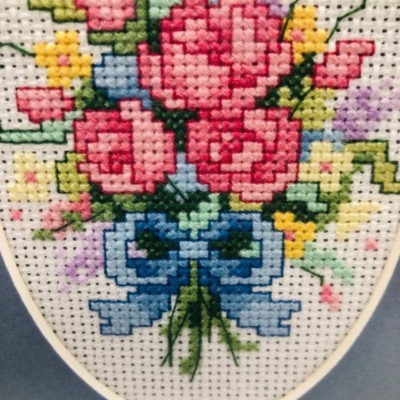 Framed Handmade Counted Cross Stitch Roses Floral Nosegay Bouquet Fiber Art - Picture 4 of 8